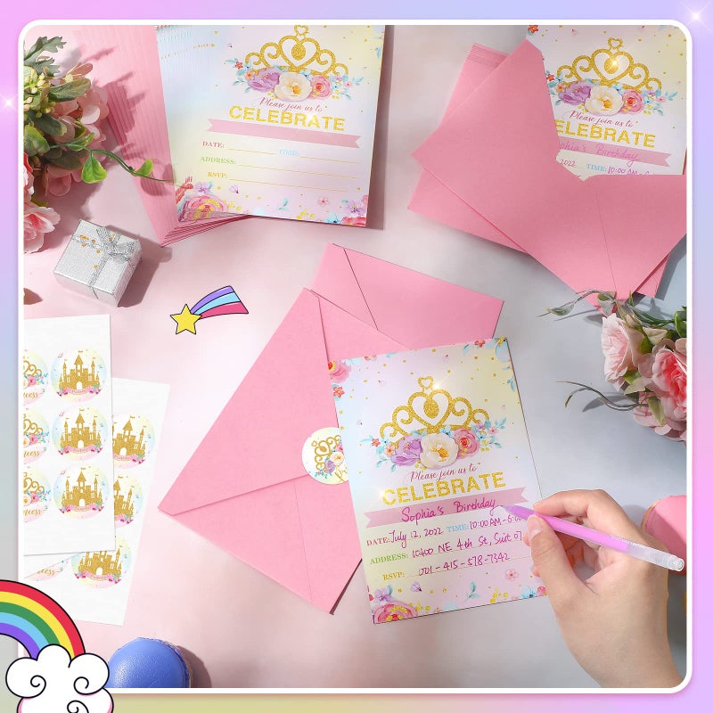 TaoBary 24 Set Princess Baby Shower Invitation Pink Princess Birthday Invitation Cards with Envelopes and Stickers Royal Little Princess Invitation for Baby Shower Birthday Party Supplies (Happy Birthday) - Image 2
